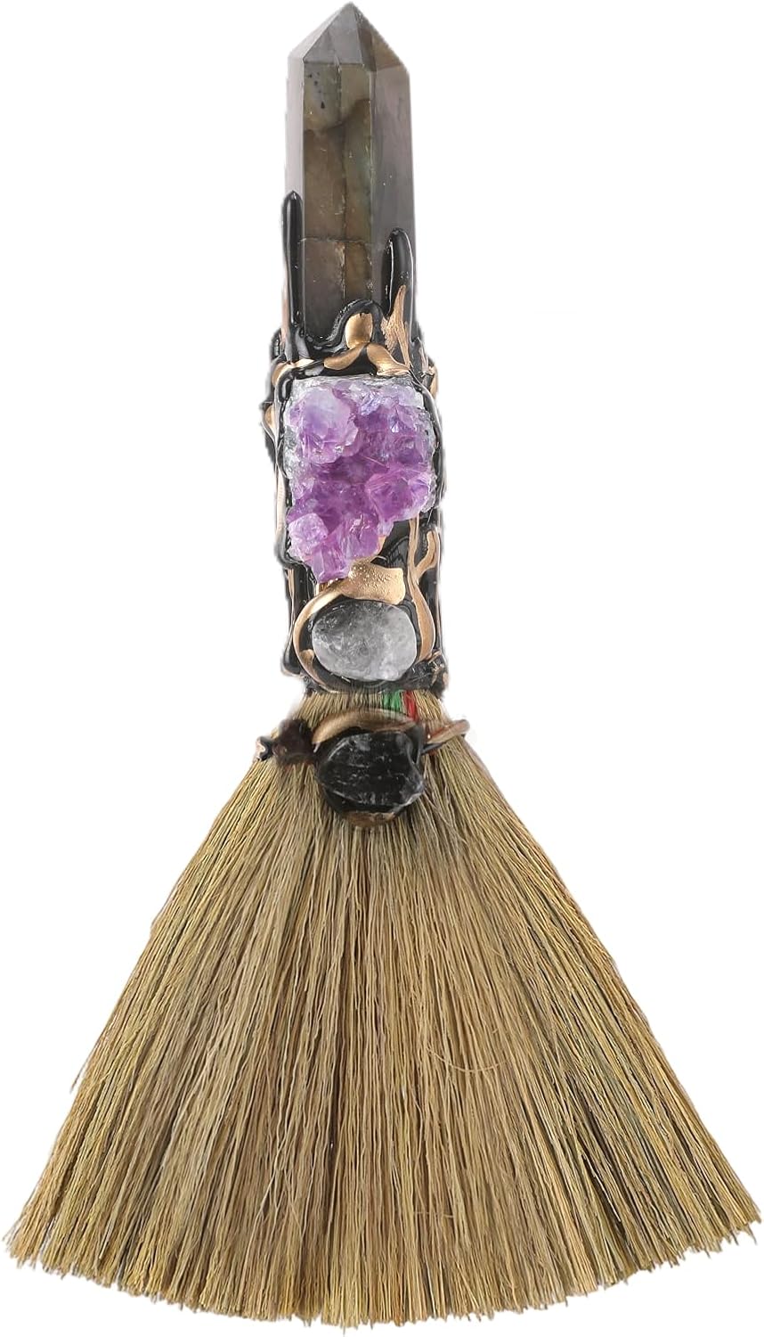 RENEMEGO Witch Broom Witchcraft Supplies - Altar Supplies with Labradorite Wiccan Stuff Magic Broomstick with Natural Healing Crystals Hexagonal Points Pagan Reiki Energy Clearing Decor