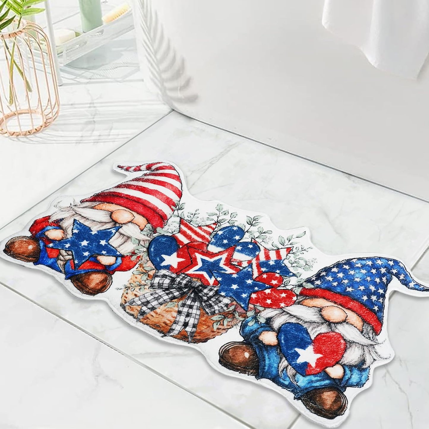 4th of July Bathroom Rugs Cute Gnome Patriotic Bath Mat, Non-Slip Farmhouse Doormat Shower Bath Rugs for Memorial Day/Independence Day Home Decorations