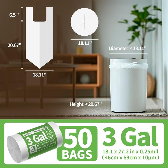 Small Trash Bags with Handles 3 Gallon 50 Count White - Image 6