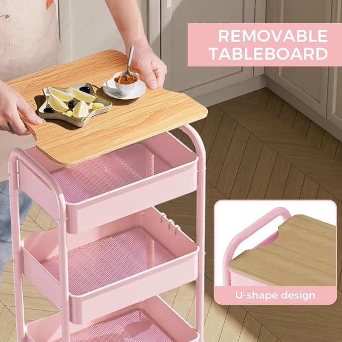 3 Tier Rolling Cart with Table top, Metal Rolling Utility Cart, Sturdy Storage - Image 4