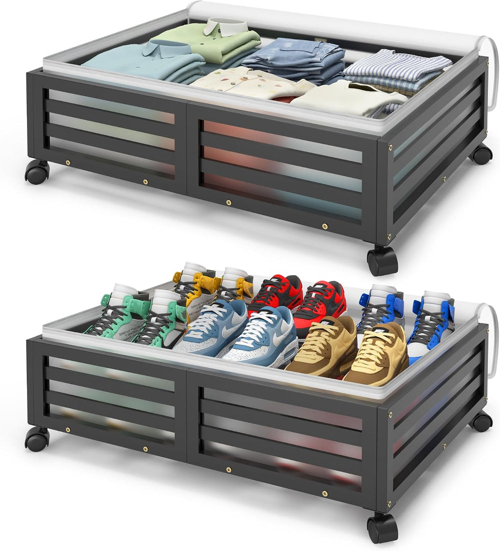 Under Bed Storage with Wheels, 2 Pack Bamboo Drawers for Shoes and Clothes