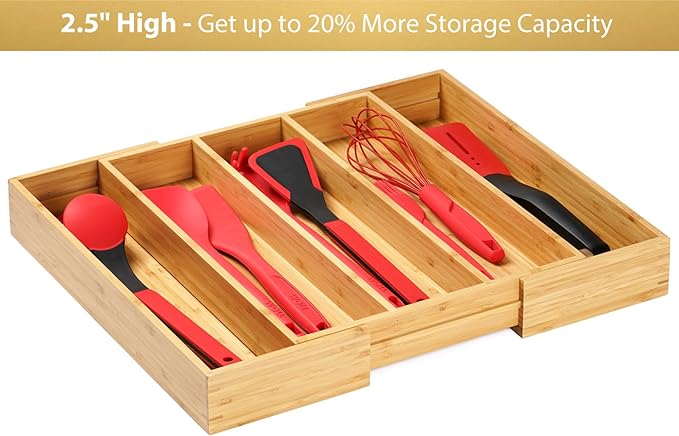 Umilife Expandable Kitchen Drawer Organizer, 2.5" High Bamboo Utensils - Image 5
