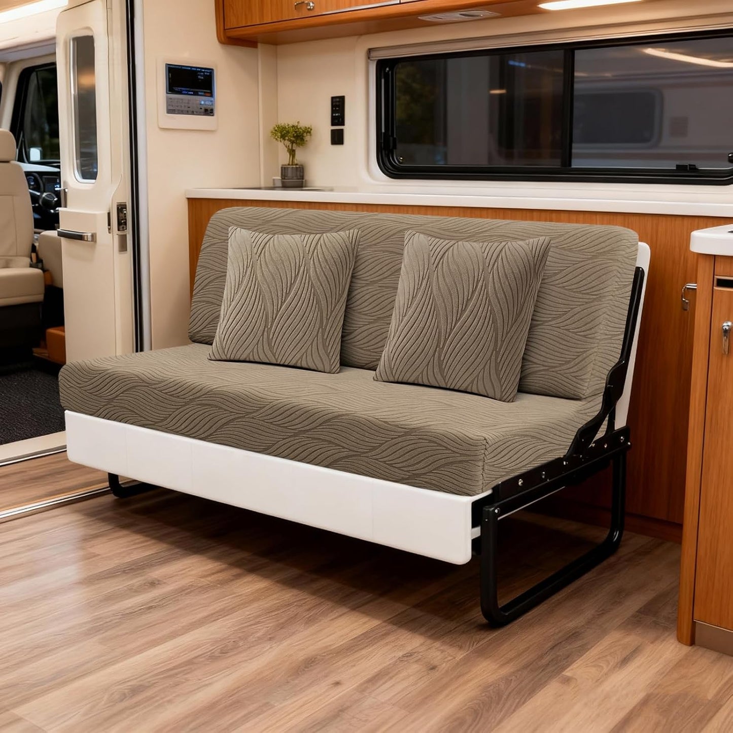 RV Couch Covers for Sofa Bed with 2 Pillow Covers, 2-Piece Backrest and Seat Slip Covers, for Jackknife Sofa, RV Furniture Cover (Brown)