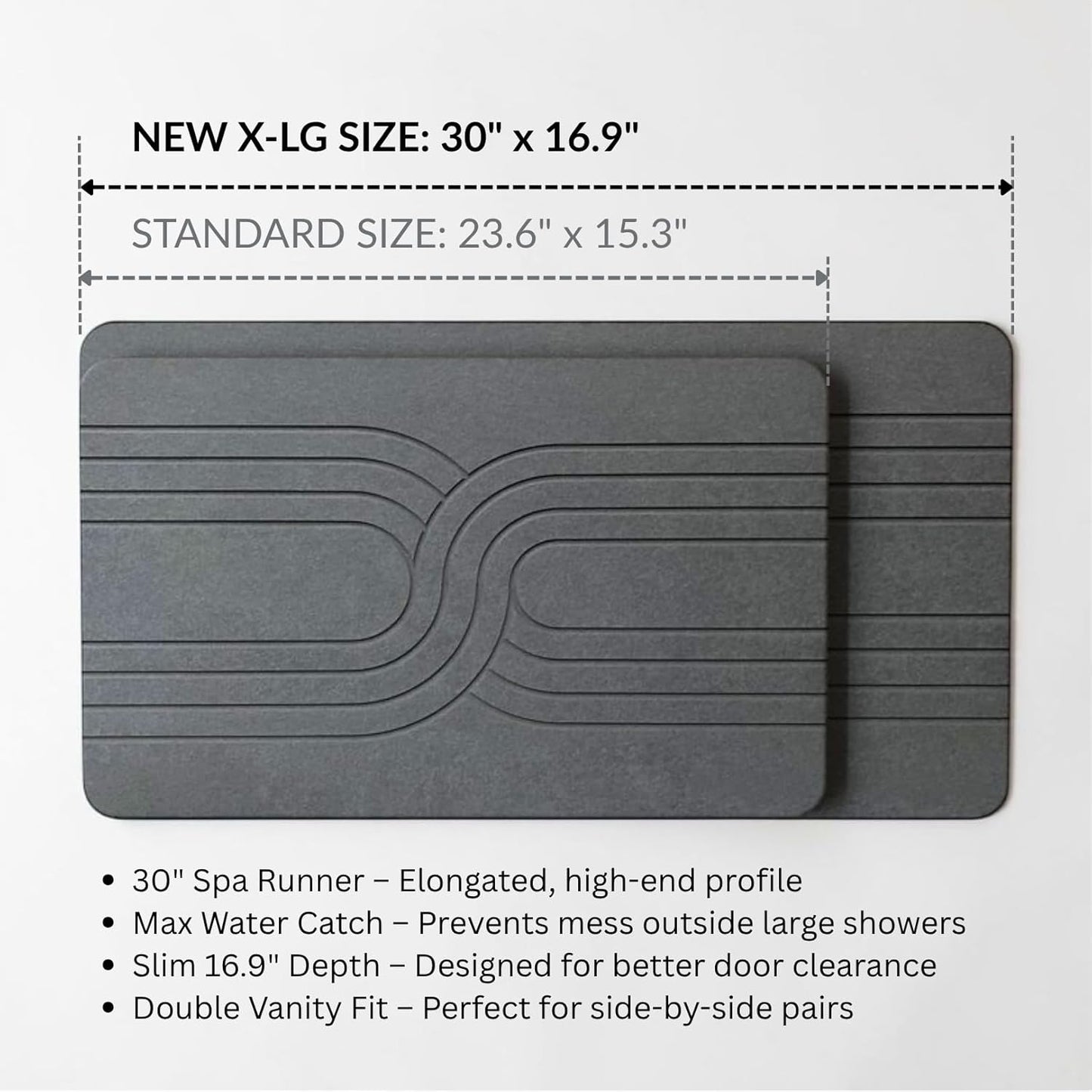 BrightCo XL Stone Bath Mat (30x17in) – Quick Dry Diatomaceous Earth Shower Rug, Super Absorbent Hard Foot Pad – Modern Anti-Slip Design for Bathroom Floor, Deep Charcoal (The Nexus, XL)