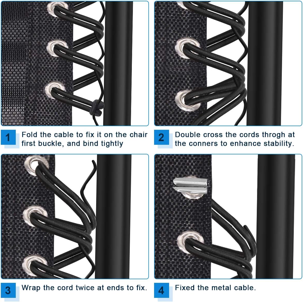 Universal Replacement Cord for Zero Gravity Chair, 4 Pack Elastic Cords Repair Tool Kit for Repairing Zero Gravity Chair, Recliners (Black)