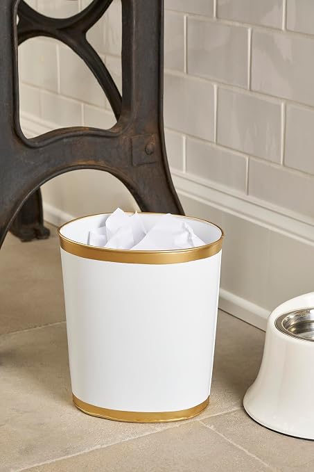 Jaye's Studio Mattie Decorative White and Gold Bathroom Trash Can, Metal Waste - Image 3