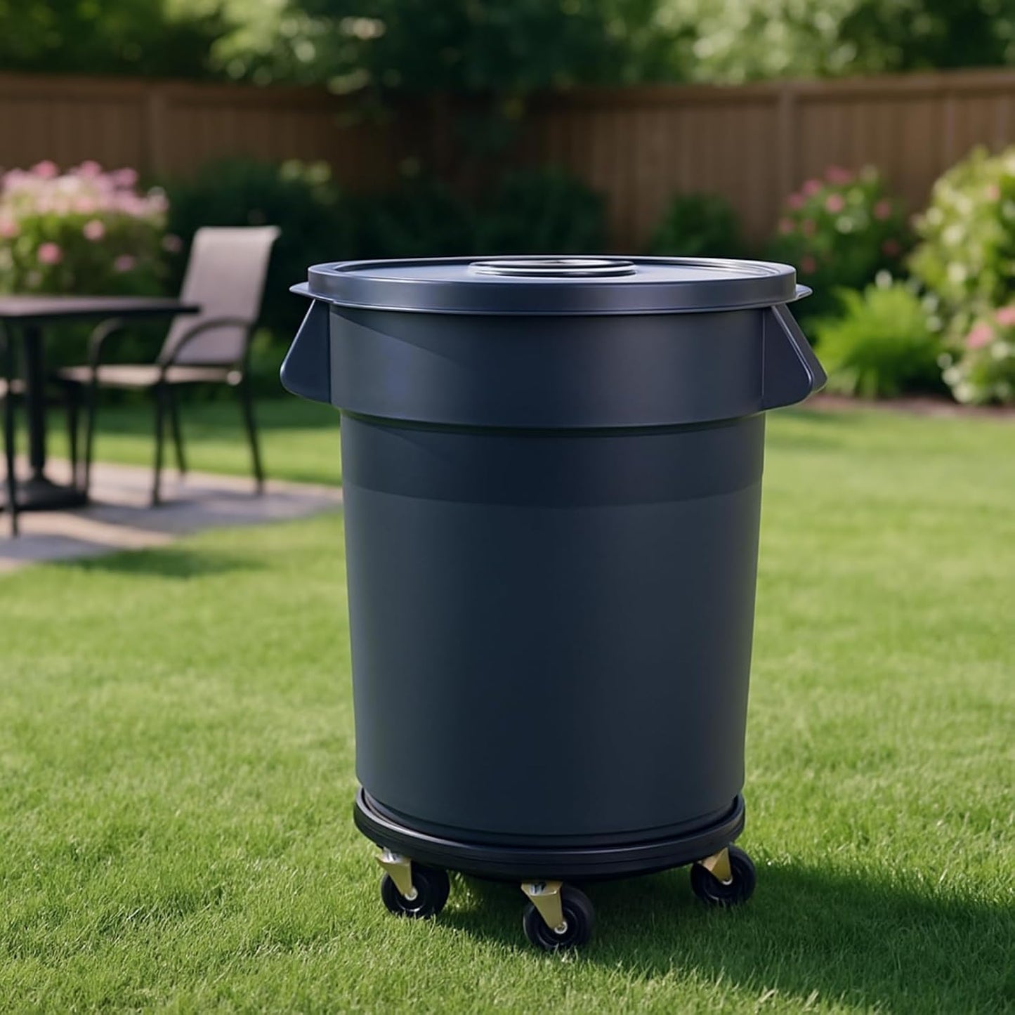 32 Gallon Outdoor Trash Can with Wheels, Rolling Trash Can, 1 Pack | Trash Can with Lid & Sturdy Handle, Commercial Round Trash Cans, Outdoor Garbage Can for Kitchen, Garage, Backyard and Patio