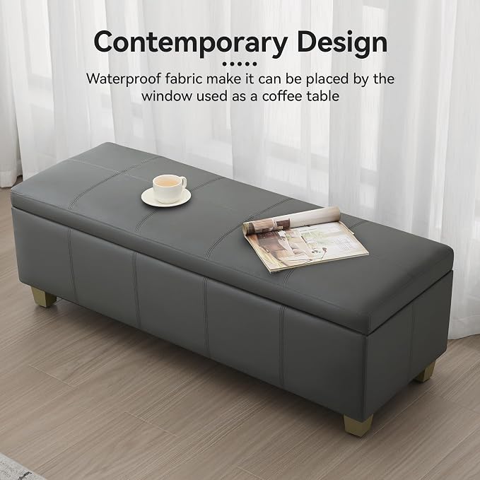 51" Faux Leather Storage Ottoman, Stitch Tufted Rectangle Upholstered End of - Image 7