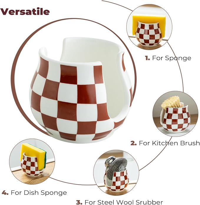 Checkered Sponge Holder for Kitchen Sink Counter, Ceramic Dish Sponge Caddy - Image 4
