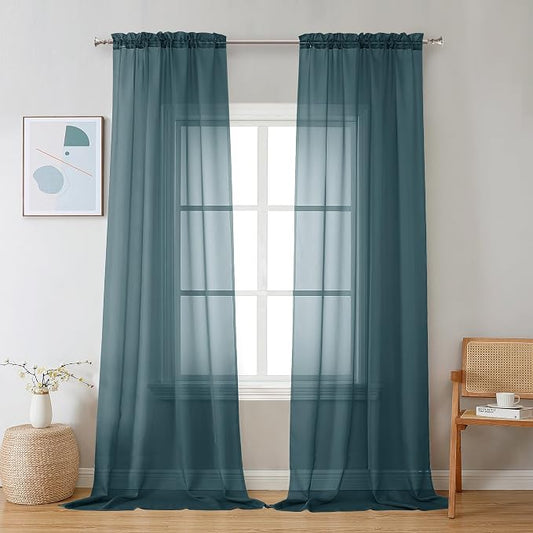 Chyhomenyc Sheer Stone Blue Curtains 90 inches Long 2 Panels, Light Filtering by Chyhomenyc
