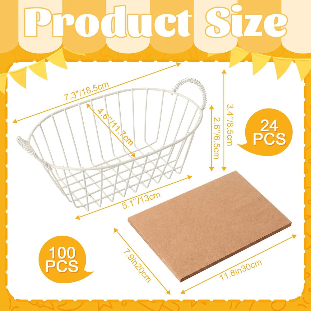 24 Pack White Metal Wire Fast Food Baskets with 100 Food Blotting Sheets