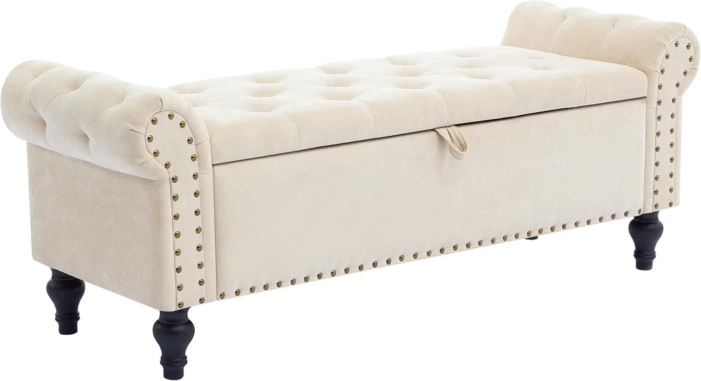 51" Storage Bench for Bedroom, Upholstered Ottoman Bench, Chenille Beige