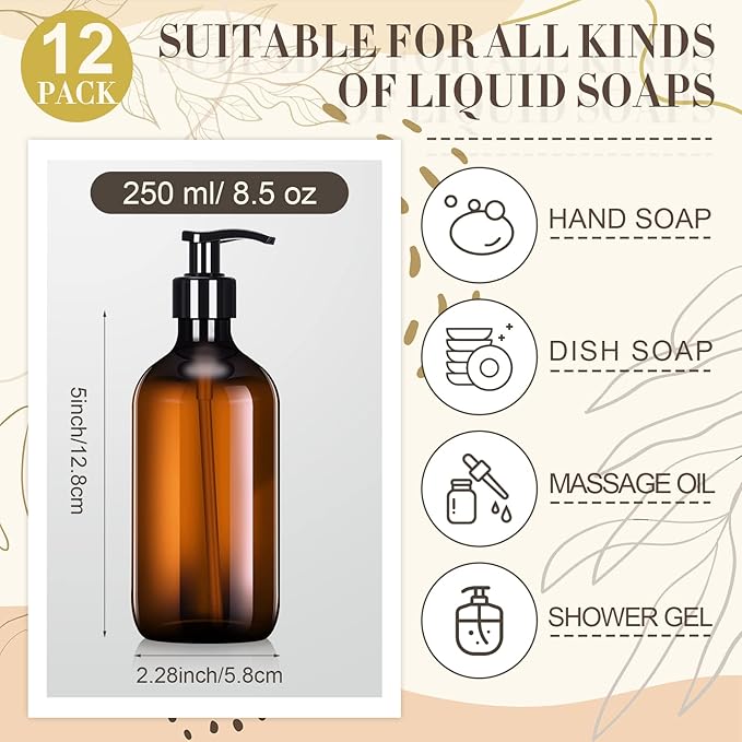 Tessco for you 12 Pack Amber Soap Dispenser Empty Plastic Pump Bottles - Image 2