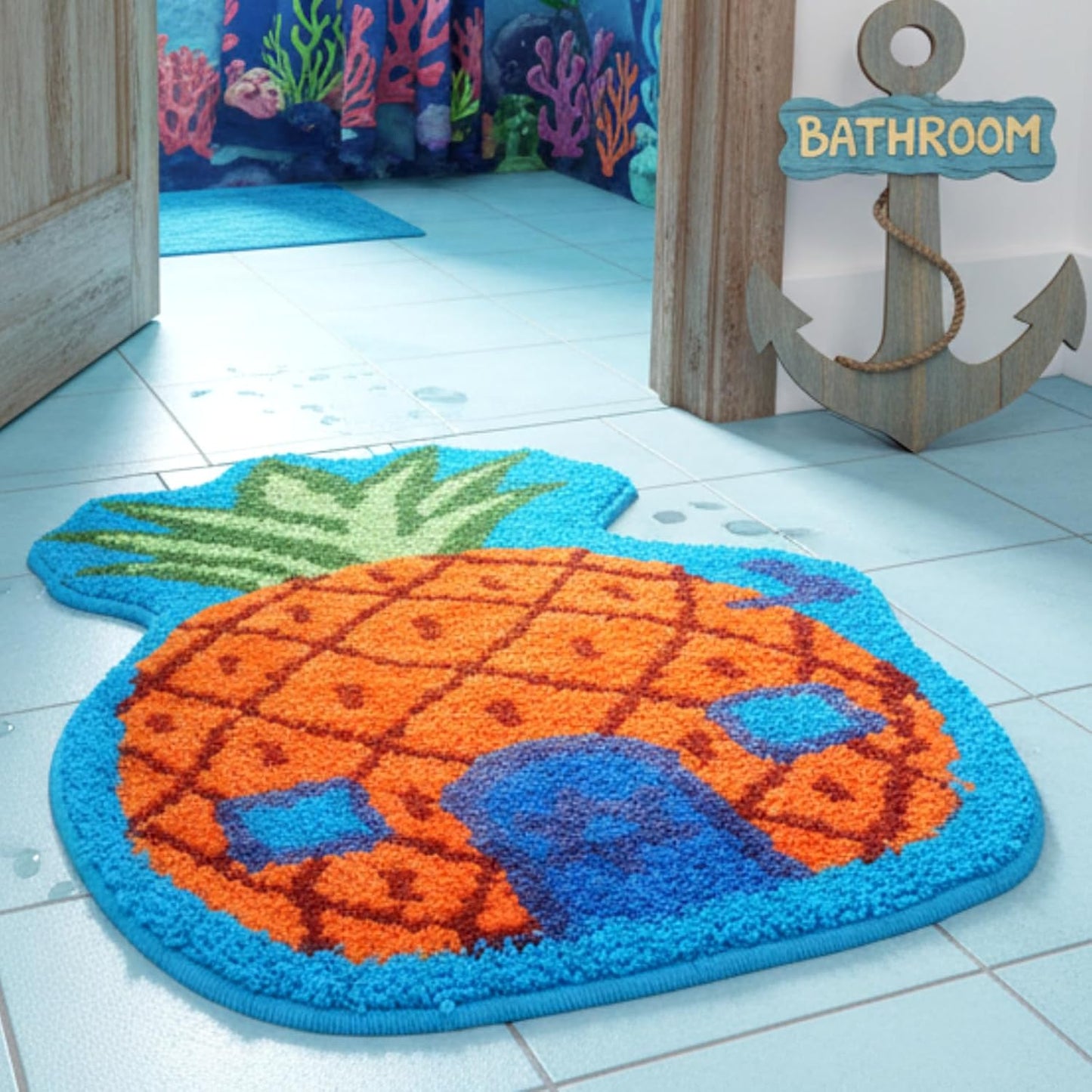 Pineapple House Bathroom Rug Cartoon Sponge Rug Anime Decorative Bathroom Doormat Non-Slip Area Doormat Cartoon Pineapple Indoor Mat Machine Washable Carpet Cut Yellow House Carpet for Home Bedroom