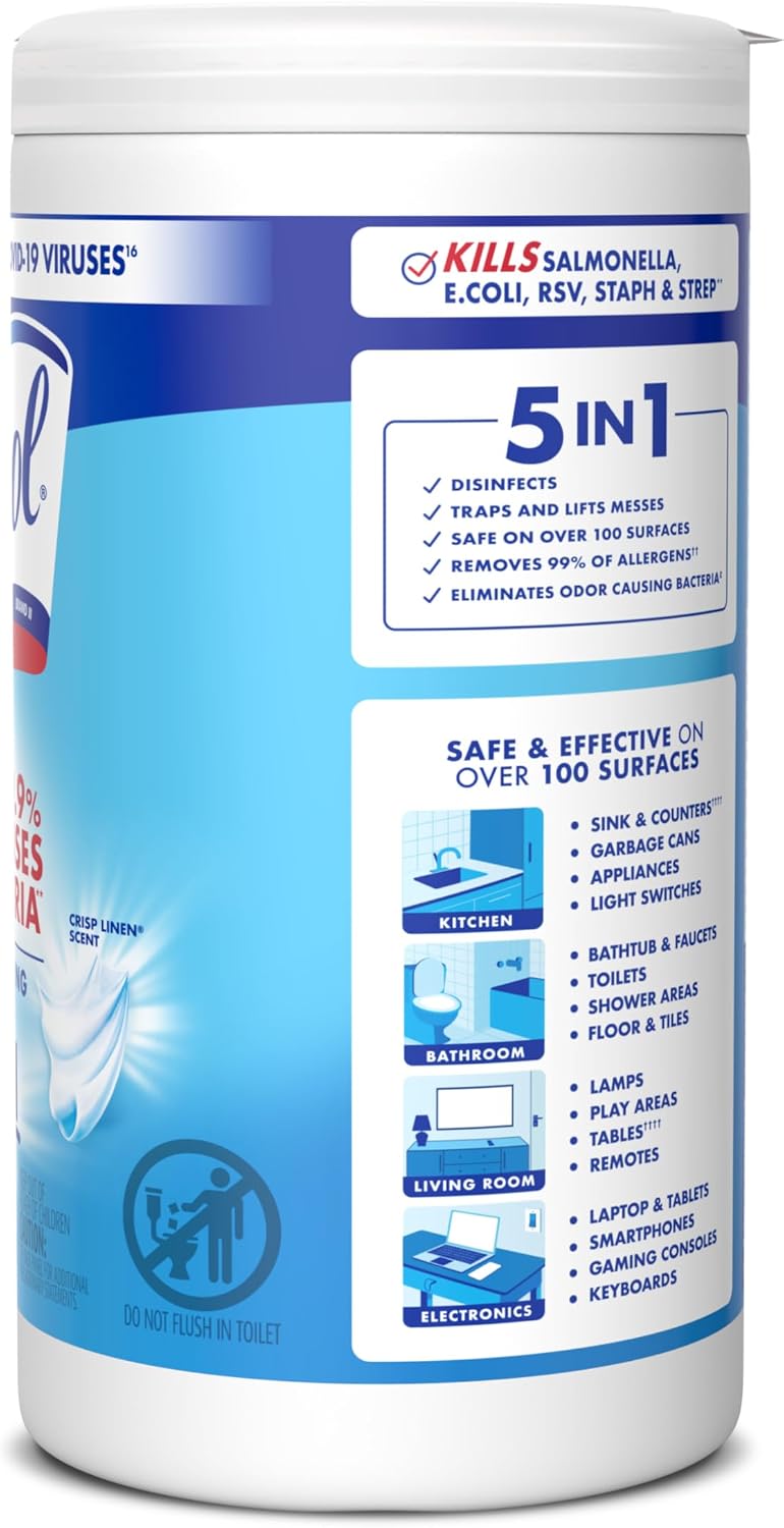 Lysol Disinfecting Wipes, Multi-Surface Cleaner, Crisp Linen, 80 ct. | All Purpose Cleaner, Sanitizing, Deodorizing, Apartment Essentials, Back To School Cleaning Supplies, Kitchen & Bathroom Wipe