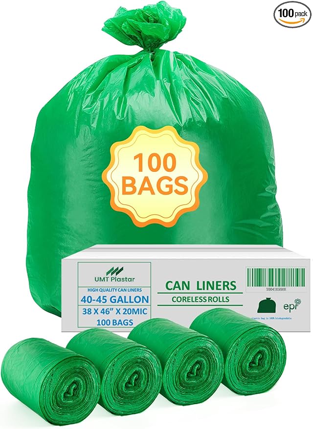 100 Count 100% Biodegradable and Compostable Trash Bags, 40-45 Gallon, 20 by UnitedTradingUSAInc