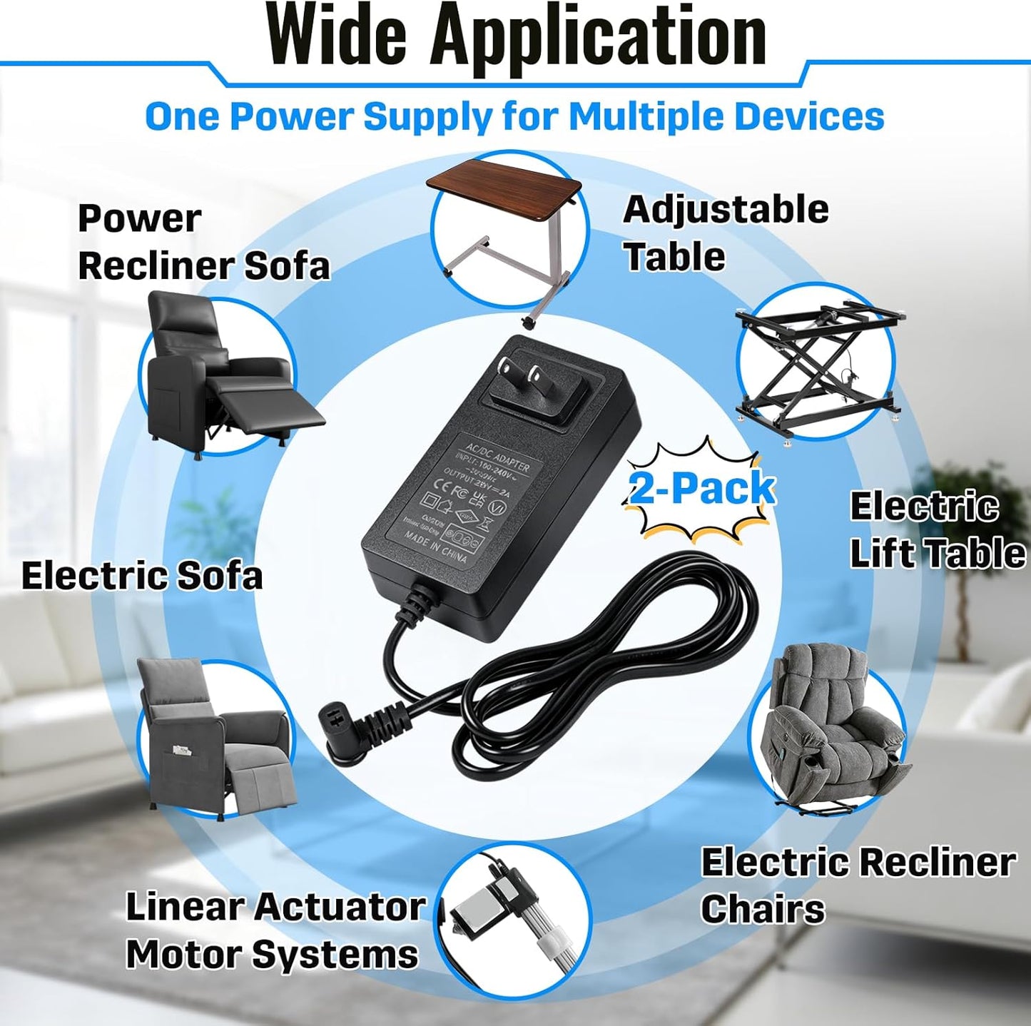 2 Pack 29V 2A AC/DC Electric Recliner Power Supply Replacement with 2-Pin Connector, Universal Adapter for Lift Chair Sofa, Compatible with OKIN Limoss ZB-H290020A-C ZBPOWER FS2900-2000