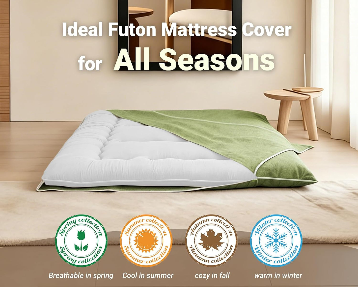 100% Cotton Futon Mattress Cover, Washable Japanese Floor Bed Protector with Zipper, Dust‑Proof Replacement Slipcover for Tatami Mat, Fits Up to 4-Inch Thick Mattresses, Full/Queen