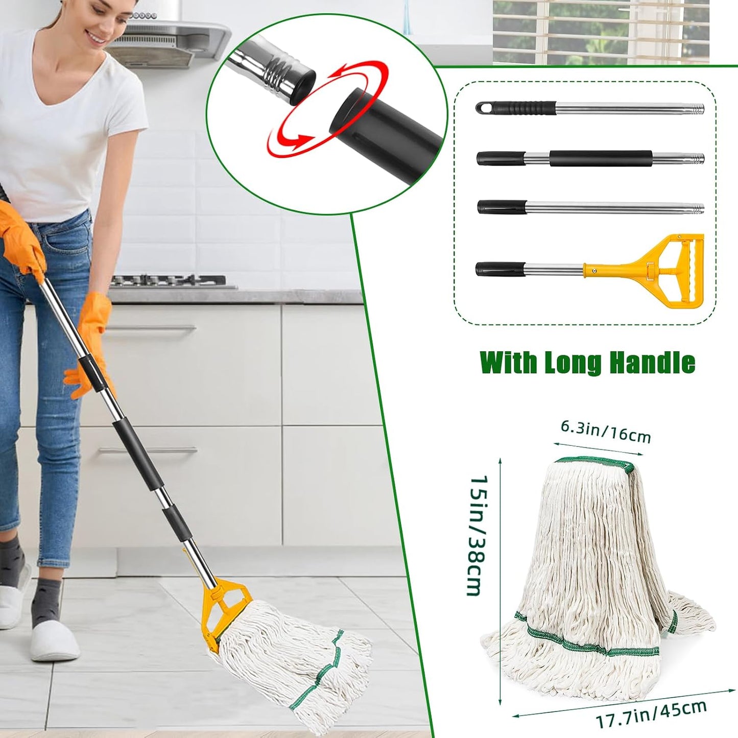 3 Pack Heavy Duty Commercial Industrial Mop Replacement Heads with 48'' Long Handle, 20oz Looped-End String Wet Cotton Mops Refills for Home,Garage,Office and Kitchen