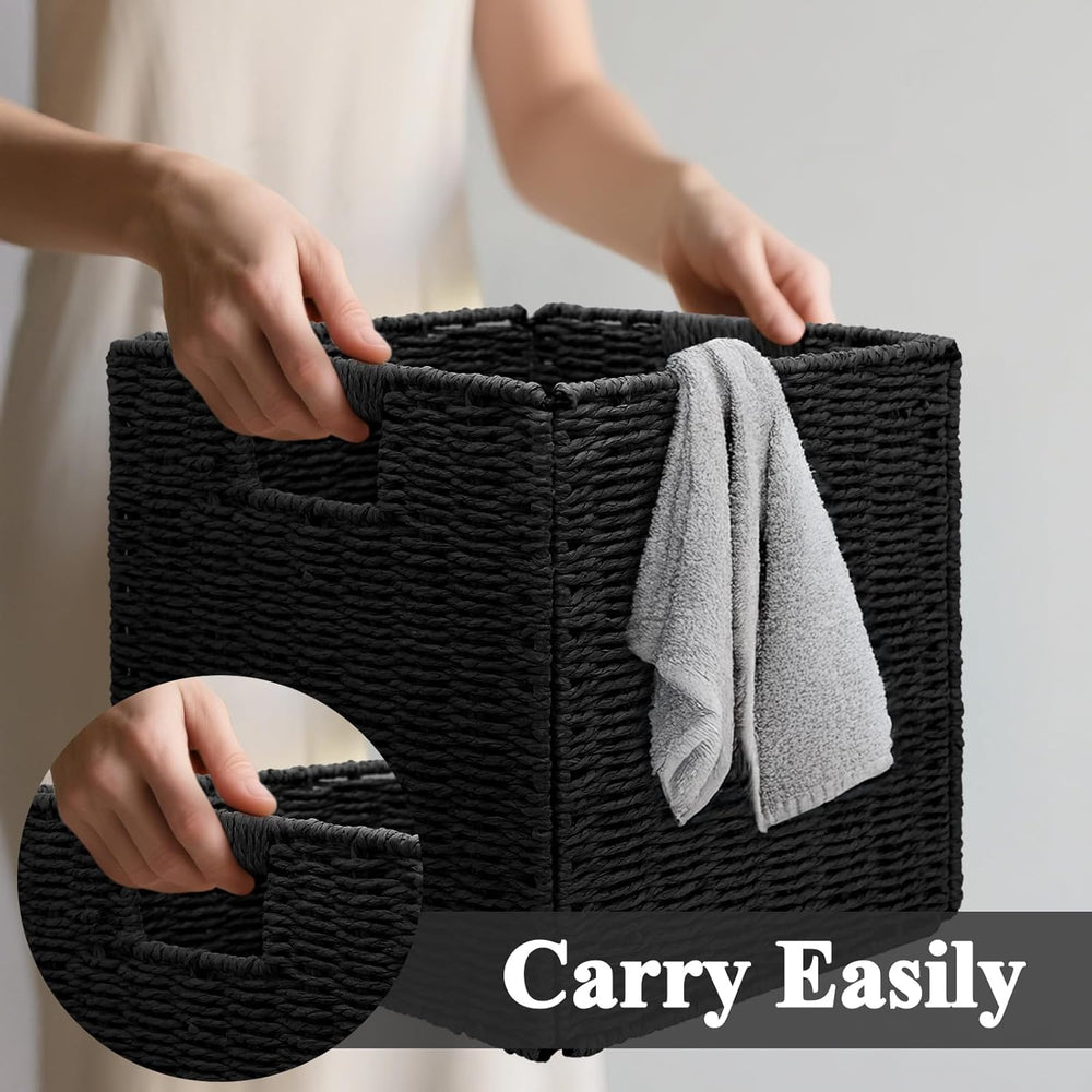 Wicker Storage Baskets for Organizing, 3 Pack Rustic Foldable Square Basket f...