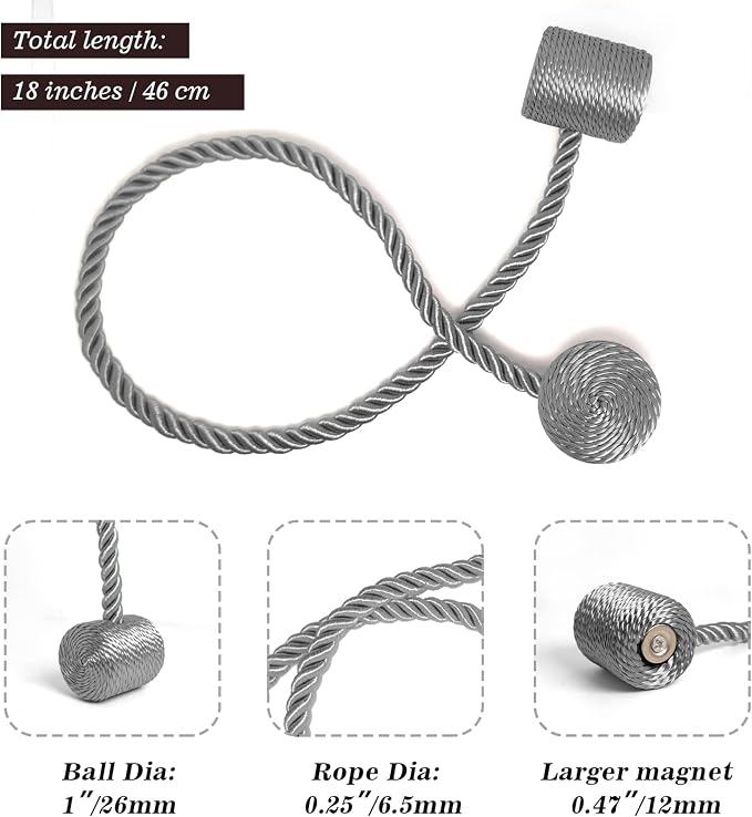 Hion Magnetic Curtain Tiebacks Grey 4 Pack, Curtain Tiebacks Buckles Holdbacks - Image 2