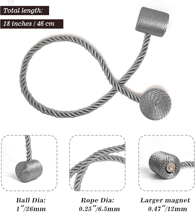 Hion Magnetic Curtain Tiebacks Grey 6 Pack, Curtain Tiebacks Buckles Holdbacks - Image 2