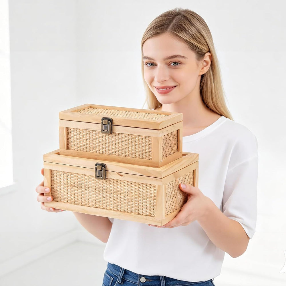 Rattan Decorative Boxes with Lids, Stackable Keepsake Box Set of 2