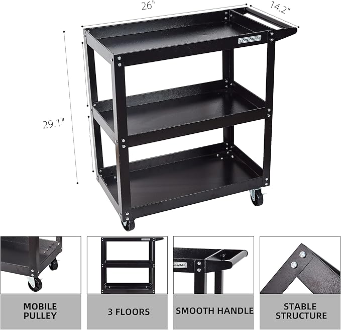 Utility Service Cart, 3 Shelf 200LBS Heavy Duty Steel Rolling Utility Cart - Image 3