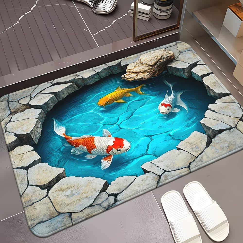 Anti-Slip Quick-Drying Bathroom Floor Mat –Koi Fish Flannel Polyester Rug, Machine Washable for Bathroom Bedroom Living Room Entrance,35.4''*23.6''