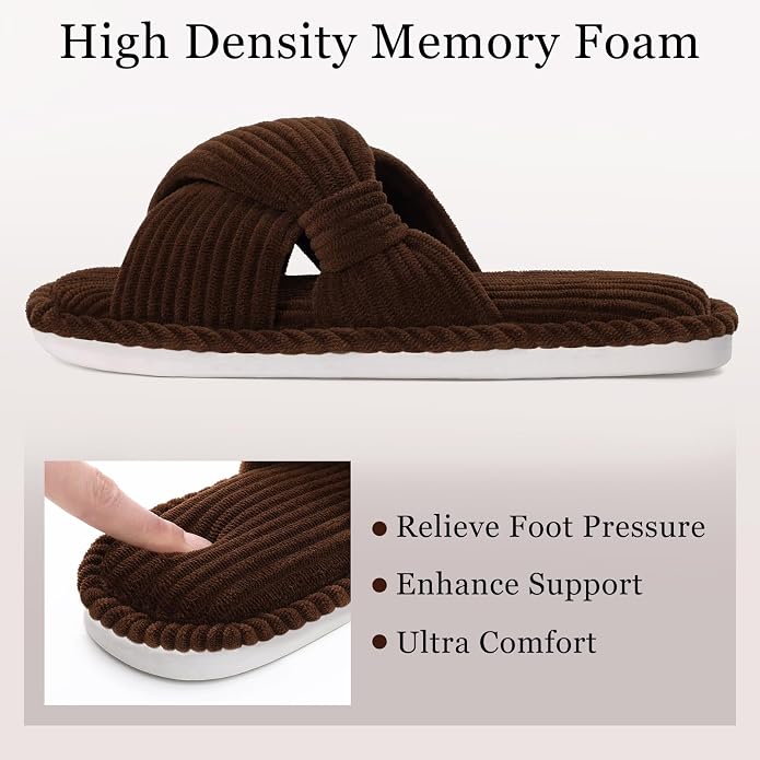 Evshine Summer House Slippers for Women Corduroy Cross Bow Indoor Slippers Open - Image 4