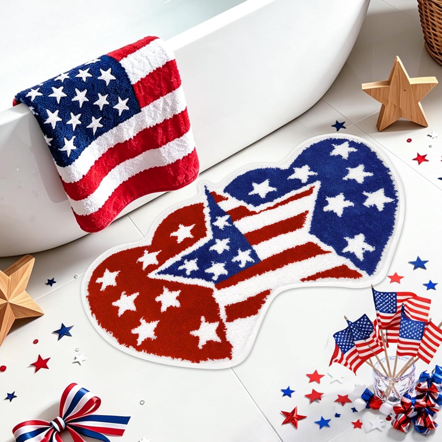 Independence Day Bathroom Rug 35x20 Inch,American Flag Stars Bath Mat with Blue Red Hearts Design, 4th of July Non-Slip Absorbent Bath Rug for Patriotic Bathroom Decor
