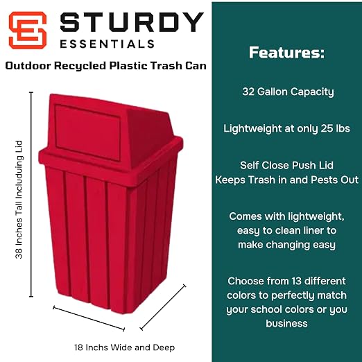 32 Gallon Square Slatted 100% Recycled Plastic Heavy Duty Outdoor Trash Can - Image 2