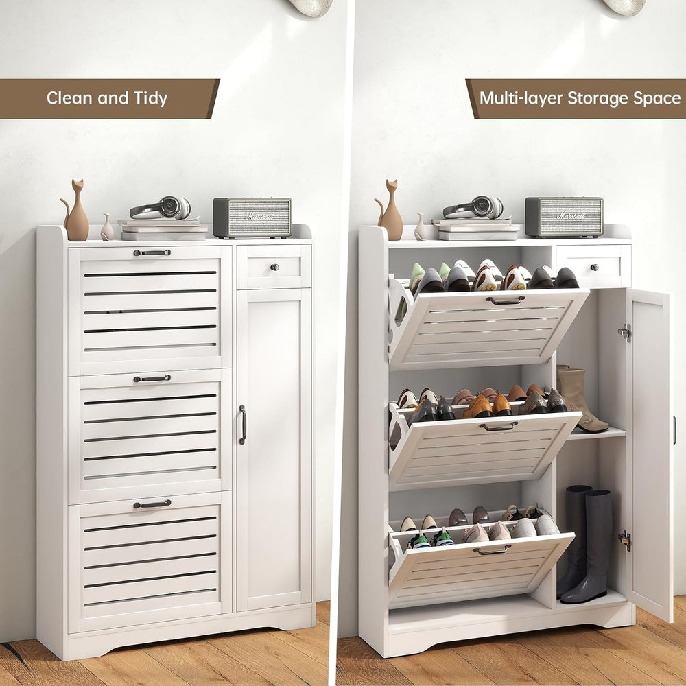 Shoe Storage Cabinet with 3 Flip Drawers, Freestanding Hidden Wooden Shoe Sto...