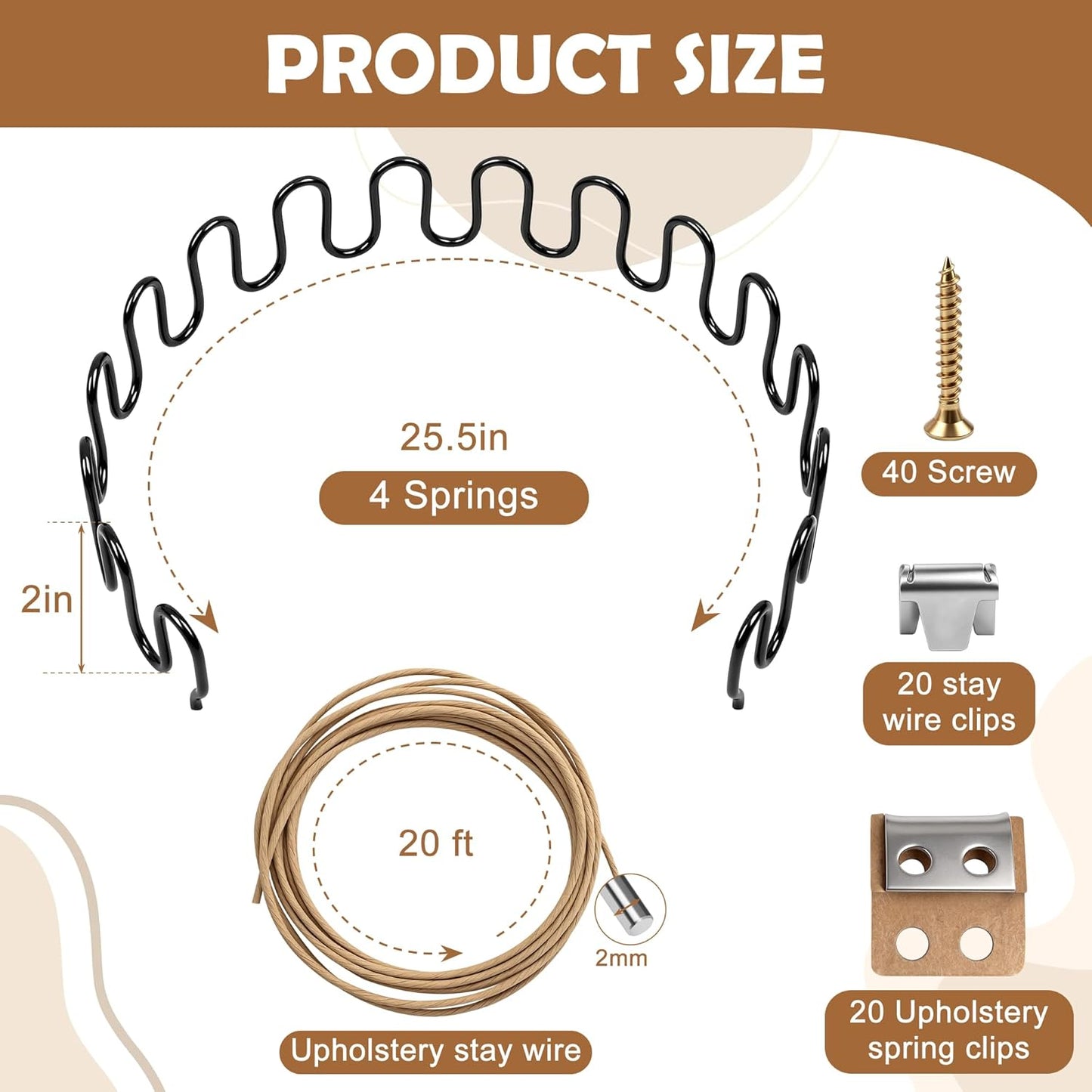 Couch Spring Repair Kit to Fix Sofa Support for Sagging Cushions - Includes 4pk of Springs, Upholstery Spring Clips, Seat Stay Wire, Screws-Sofa Upholstery Replacement Kit