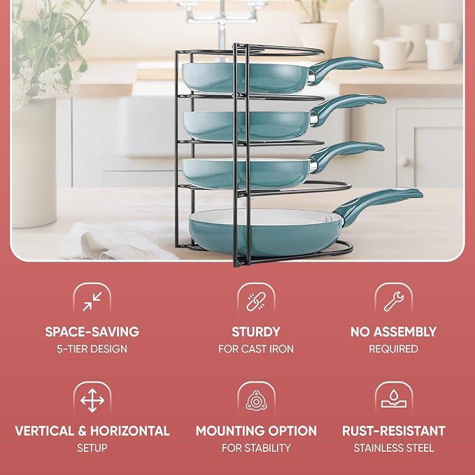 Heavy-Duty Pots and Pans Organizer | 5-Tier Cookware & Lid Storage Rack | - Image 4