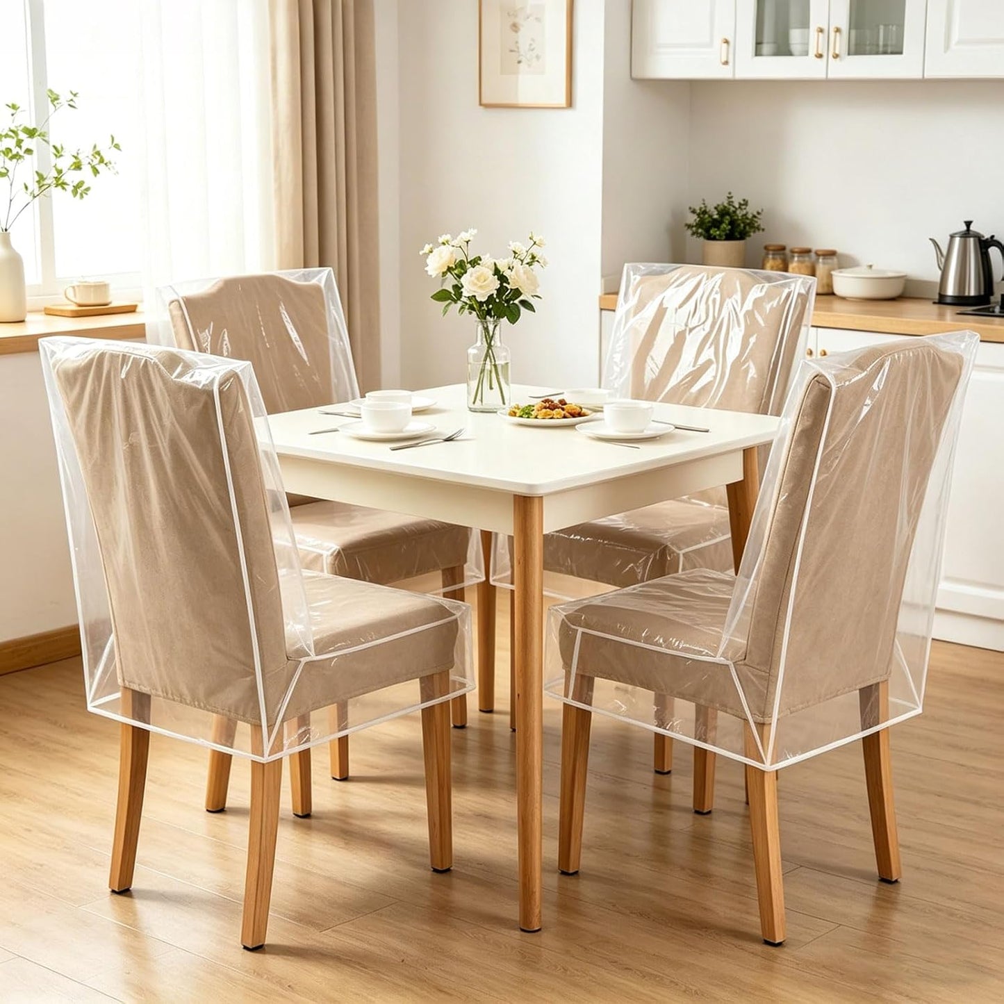 2Pcs Dining Chair Covers, Thicker PE Plastic Seat Covers for Kitchen Chairs, Cat Scratch Proof & Waterproof Protectors for Pet, Dust, Spills (Fits Seat 21" W x 18" D)