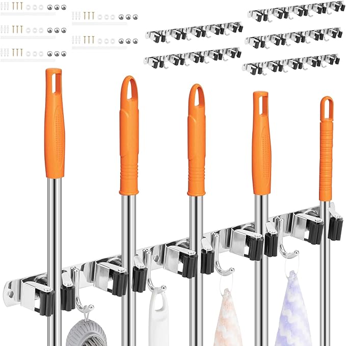 5Pcs 5 Racks 4 Hooks Stainless Steel Broom Mop Holder Anti Slip Wall Mount by Unknown