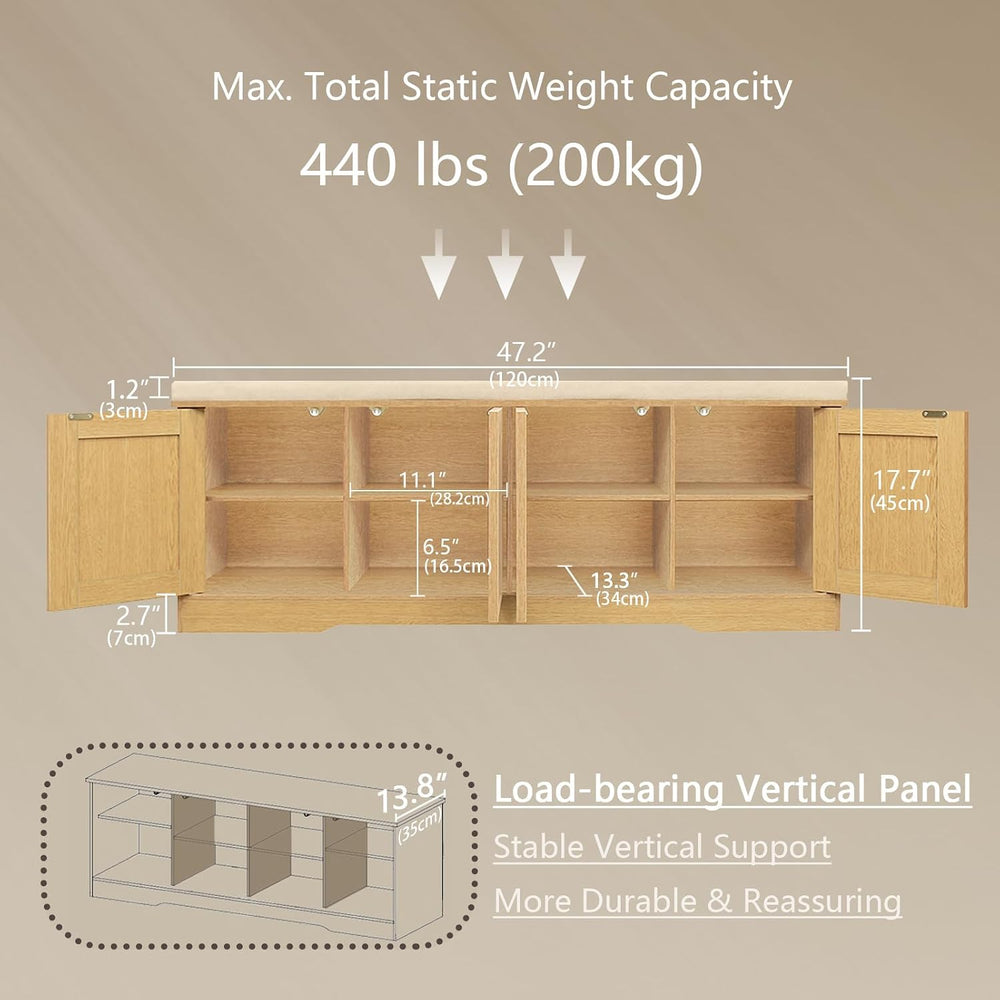 DINZI LVJ Shoe Storage Bench with Cushion, Door, Natural Oak 47.2" LX17.7 H