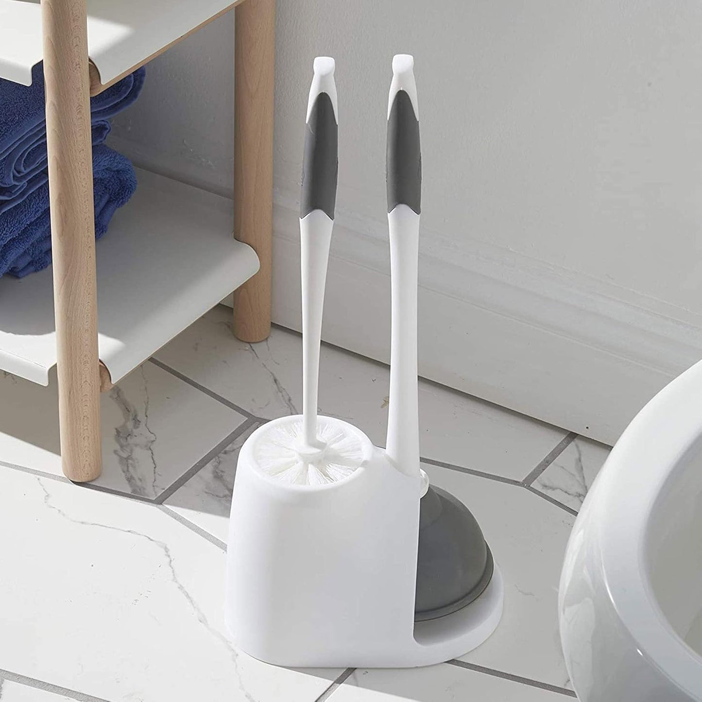 Clorox Toilet Plunger and Brush Bowl Set with Holder Caddy Storage for Cleaning Bathroom and Unclogging Toilets, White and Gray