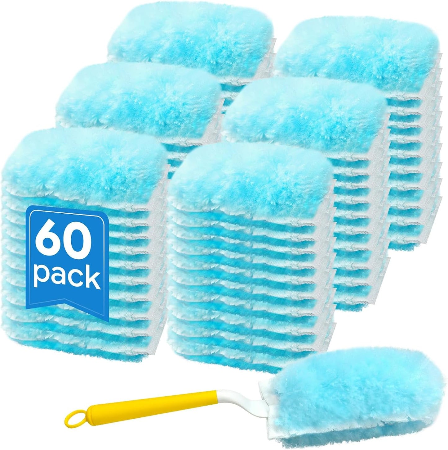 60 Count Duster Refills, Compatible with Swiffer Static Dust Removal Brush Disposable Replacement Head, Double-Sided 360° Duster Refills with 1 Handle, 5X Microfibers, Furniture, Blinds, Ceiling Fans