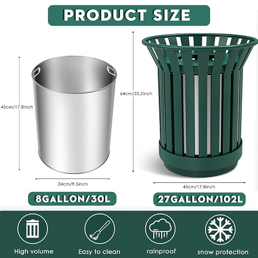 8Gallon/30L Commercial Outdoor & Indoor Metal Trash Can, Outdoor Slatted Trash - Image 3