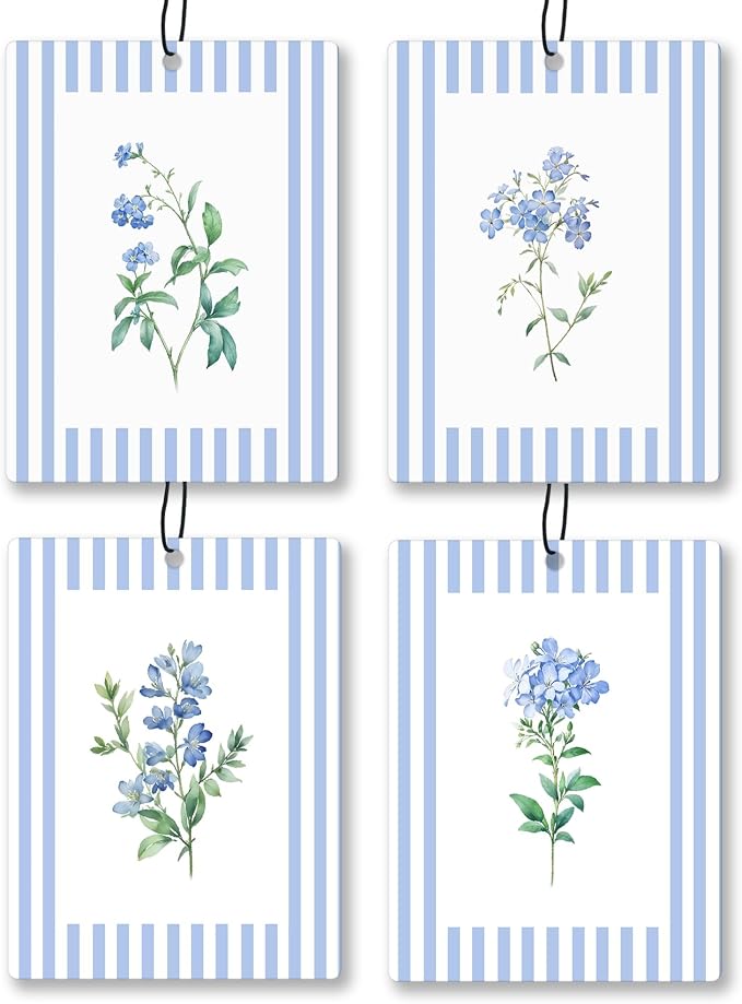 Rustic Blue Floral Car Air Freshener 4 Pcs, Preppy Blue Striped Flower Hanging by Unknown