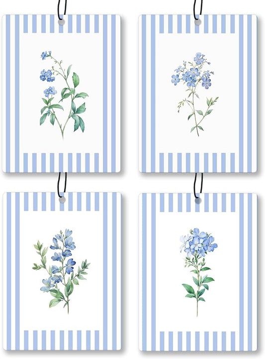 Rustic Blue Floral Car Air Freshener 4 Pcs, Preppy Blue Striped Flower Hanging by Unknown