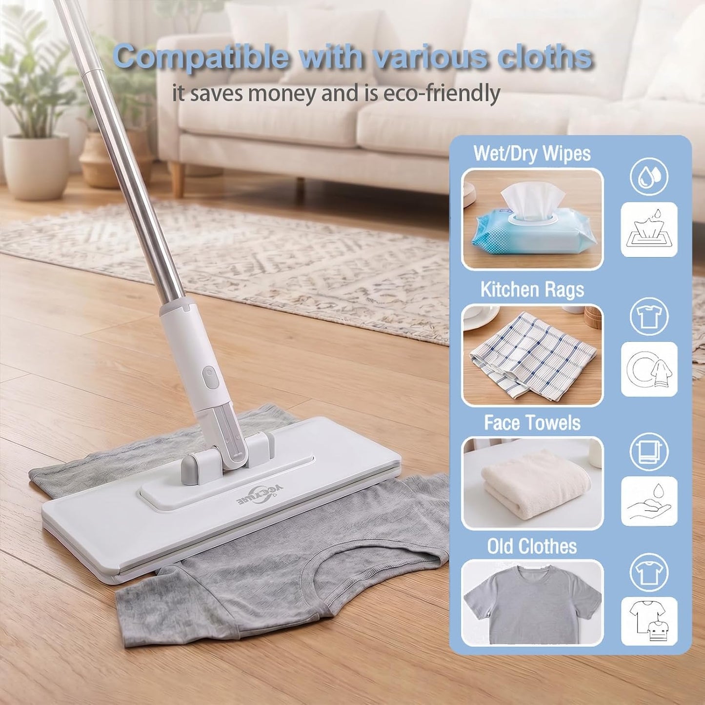 Hands Free Flat Mop One Click,Hands Free Multi Purpose Flat Mop, Snap Grip Mini Mops,360° Rotation Head,31'' Long Handle,Dry and Wet Use,Suitable for Whole House Cleaning,Tile and Hardwood(6 Cloths)