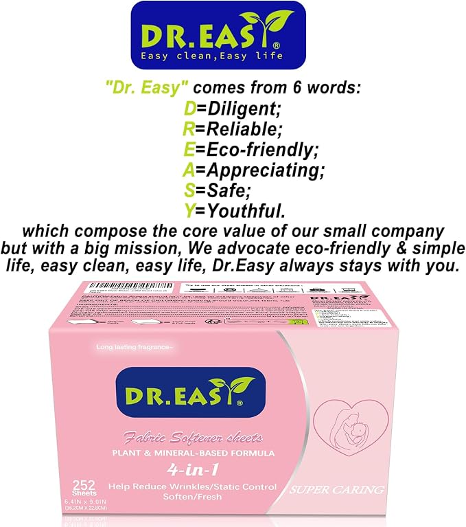 DR.EASY Dryer Sheets Plant Based Formula 252 Ct Super Caring, Softener sheets - Image 6