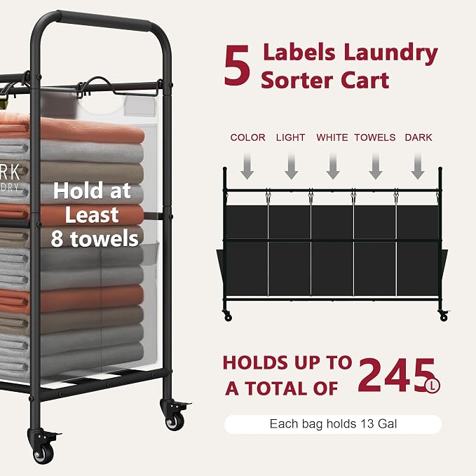 Tajsoon 5 Bag Laundry Sorter Cart, 5 Section Laundry Hamper - Image 3