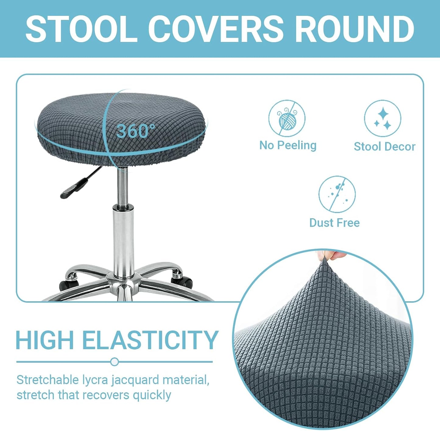 2 Pcs Bar Stool Covers, 100% Polyester Dark Gray Elastic Stool Covers Round, Fit for Dia 11-14 Inch Stool Cushion Round, Washable Dustproof Seat Cushion Slipcover for Bar Kitchen Living Room