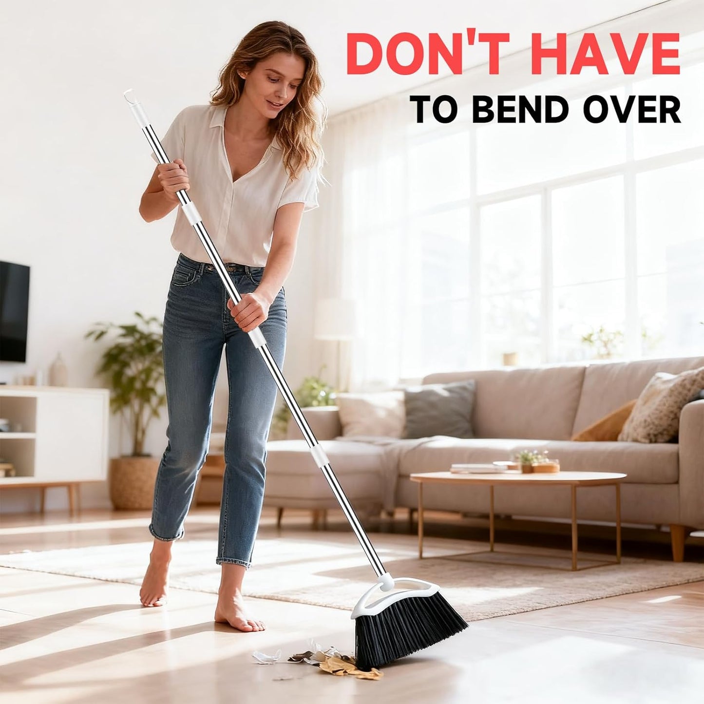 Heavy Duty Broom, 54-inch Adjustable Long Handle Angle Brooms Large Brooms for Sweeping Indoor and Outdoor Commercial Broom for Home Kitchen Patio Garage Porch Courtyard Classroom, White