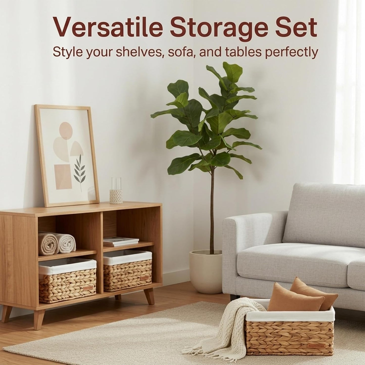 Water Hyacinth Wicker Baskets for Storage, Handwoven Rattan Shelf Basket for Organizing Pantry Closet Bedroom, 100% Natural Decorative Woven Organizer with Handles and Waterproof Canvas, 4 Pack