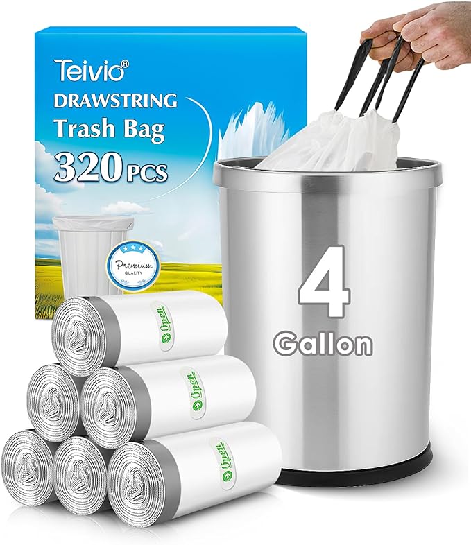 4 Gallon 320 Counts Strong Drawstring Trash Bags Garbage Bags by Teivio by Teivio